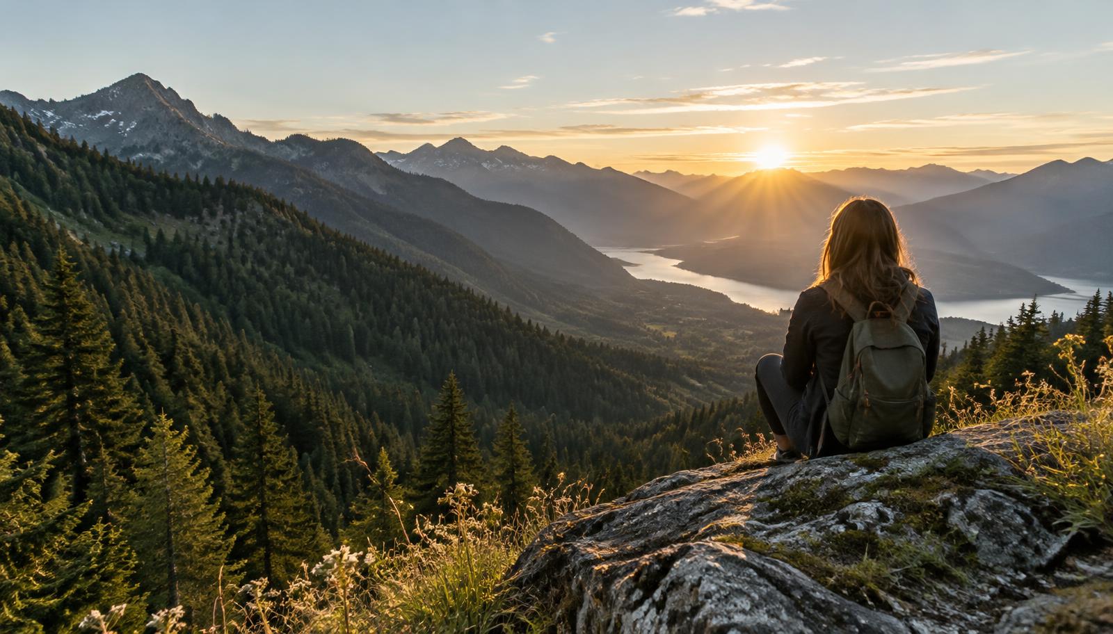 A person overlooking a mountain valley at sunrise