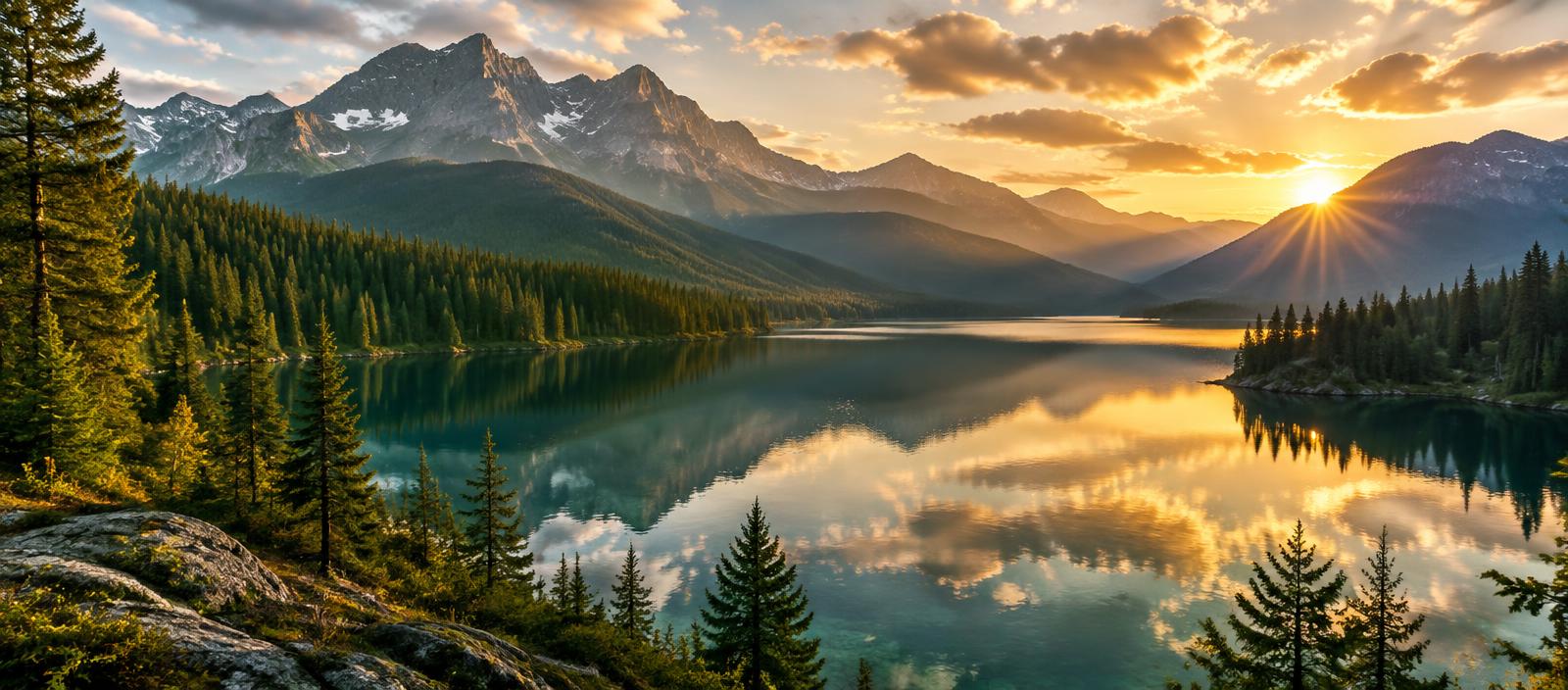 Peaceful mountain lake at sunset